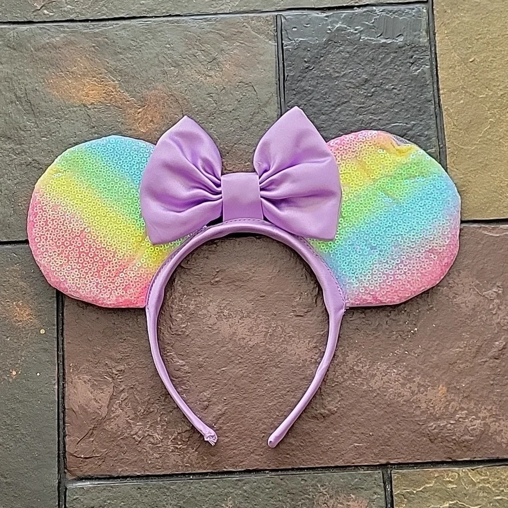 DISNEY Minnie Mouse Ears Headband, rainbow ears with a purple bow, NWOT